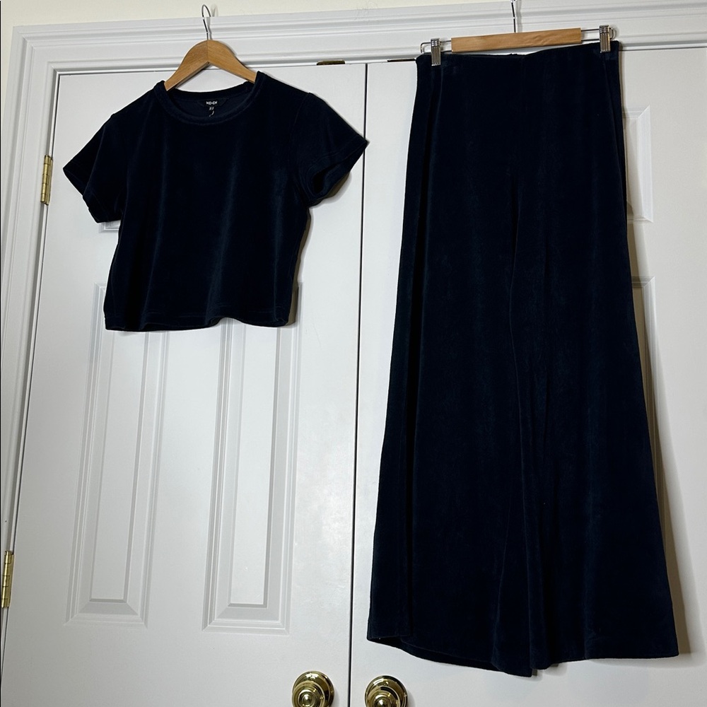 ME+EM NAVY Velvet Crop Top and Wide-Leg Pants Set